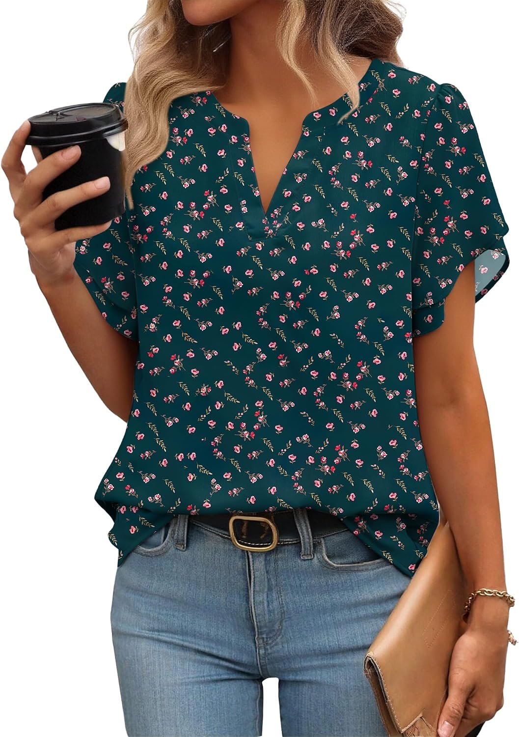 Zeagoo Womens Dressy Casual Chffon Shirts Short Sleeve V Neck Work Blouse | Flowy Business Casual Tops, Petal Sleeves, Double Layer, Office, Teacher, Interview Outfits for Spring, Summer