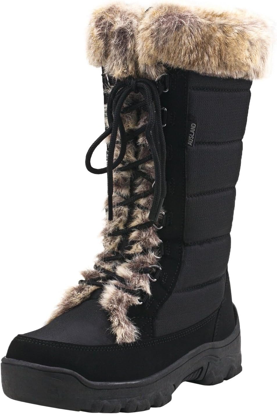 AUSLAND Women’s Black Winter Snow Boots Twin Peaks Fur Cuff Mid-Calf Waterproof Lace Up Boots