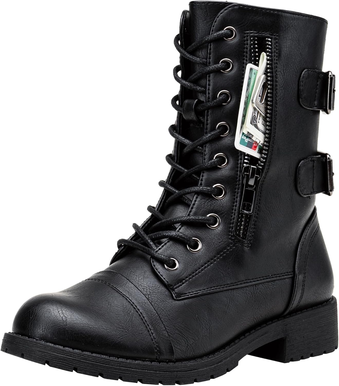 Women’s Lace Up Mid Calf Combat Boots with Functional Pocket | Everyday moto style, functional zip pocket for cards and keys, low heel, inside zipper for city outfits and travel