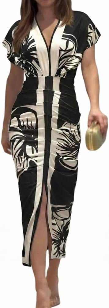 CHICME Summer Dresses for Women Plunge V Neck Ruched Midi Dress | Floral Print and Solid Casual Slit Bodycon Dress, Short Sleeve Stretch Fabric, Daily, Party, Vacation Wear