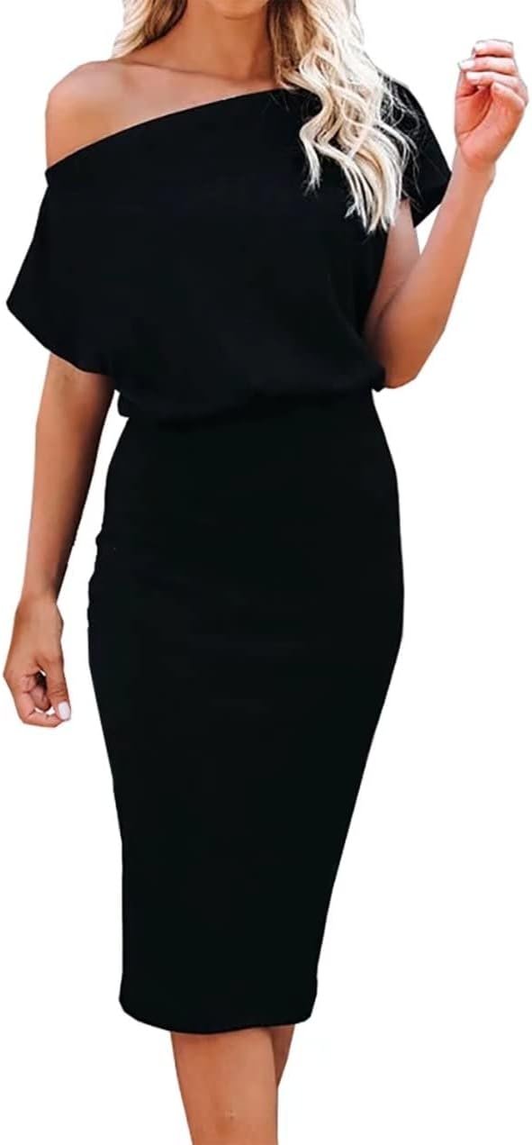 EZBELLE Women’s Summer Dress Off The Shoulder Short Sleeve Ribbed Casual Party Bodycon Midi Dresses
