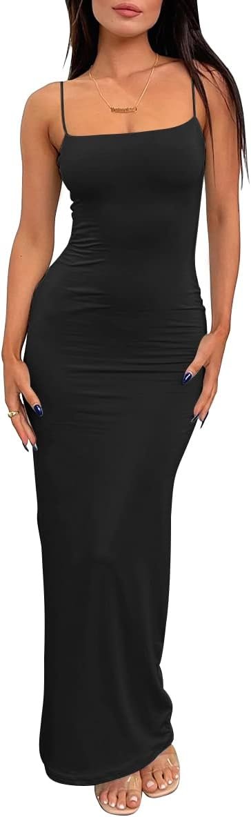 LILLUSORY Womens Summer Casual Slip Dresses Double Lined Bodycon Maxi Dress | Spaghetti Strap Backless Sleeveless Long Dress, Beach Vacation Spring Outfits, Easy Layering Piece, Elegant Cocktail Wear