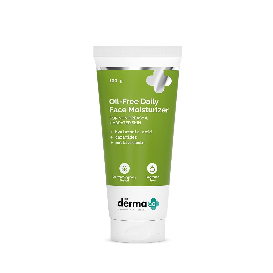 The Derma Co Oil-Free Daily Face Moisturizer | with Hyaluronic Acid & Ceramides | Gives Non-Greasy & Hydrated Skin & Helps Strengthens Skin Barrier | 3.53 Oz/100g | Face moisturizer formulated with hyaluronic acid and ceramides.
