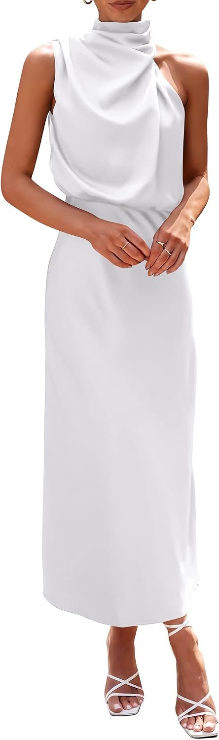 PRETTYGARDEN Women’s Summer Satin Maxi Cocktail Dress | Silk Fabric,Sleeveless Mock Neck,Fit and Flare,Asymmetrical Long Dresses,Elegant Formal,Wedding Guest Party,Cruise Outfits