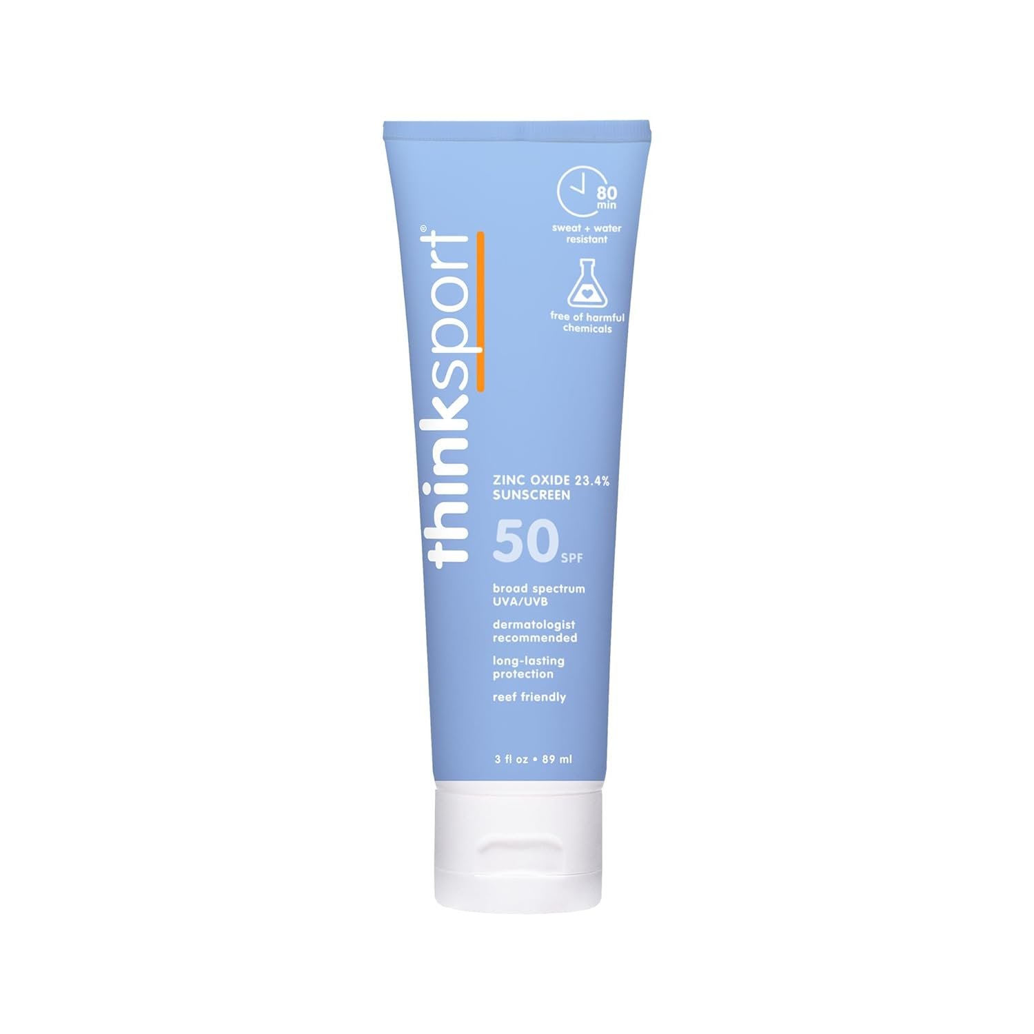Thinksport SPF 50 Mineral Sunscreen – Safe, Natural Sunscreen for Sports & Active Use – Water Resistant Sun Cream –UVA/UVB Sun Protection – Vegan, Reef Friendly Sun Lotion, 3 Fl Oz (Pack of 1)