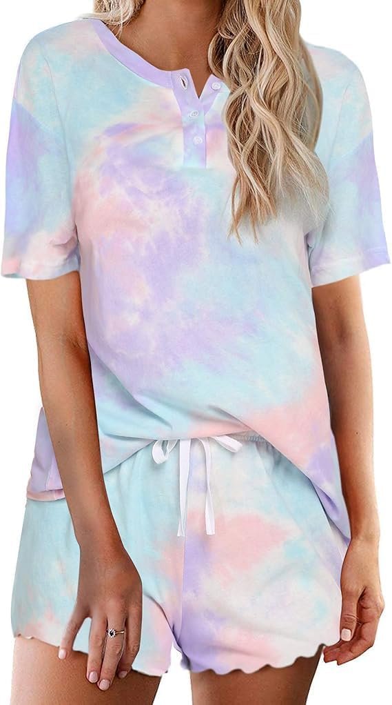 Ekouaer Pajamas Set for Women Short Sleeve Lounge Set 2 Piece Loungewear PJs Soft Cute Lightweight Sleepwear