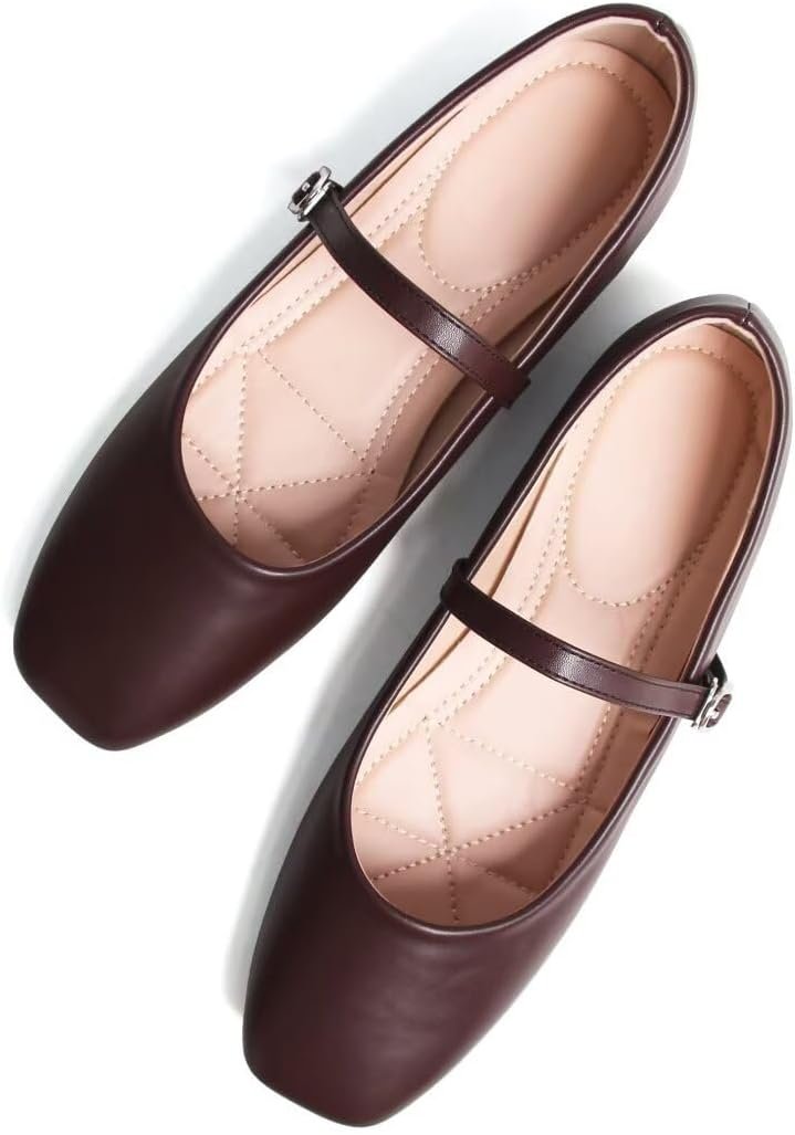TN TANGNEST Leather Flats for Women Retro Mary Jane Flats | Comfortable Square Toe Slip On Flats with Buckle Strap, Soft Work Flats Office Shoes