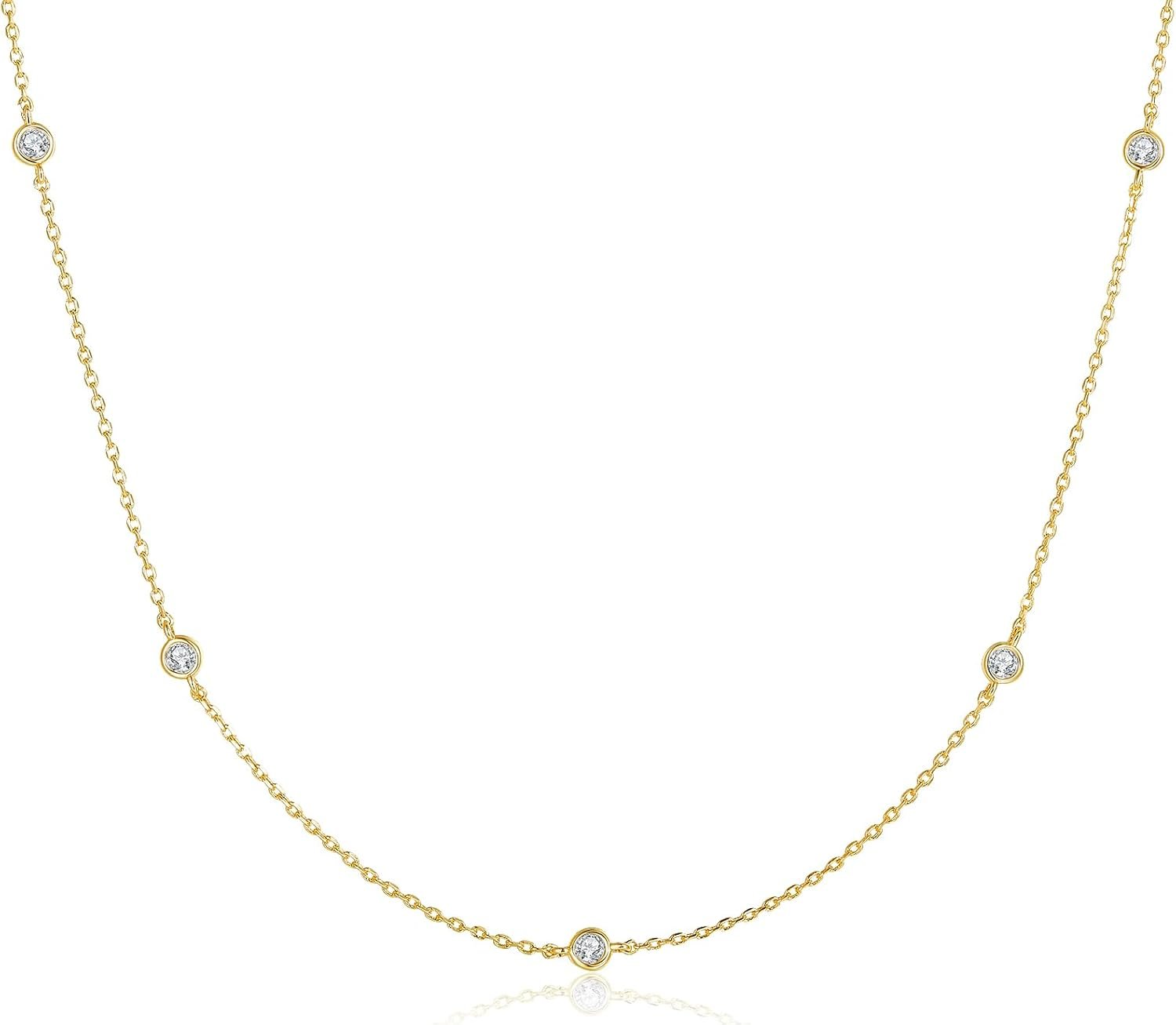 MINDDHA CZ Station Necklace, 14K Gold Plated, 15-18 Inch +3″ | Cubic Zirconia Station Necklace in 14K White or Yellow Gold Plating, with 15-18 Inch Lengths Plus a 3 Inch Extender.