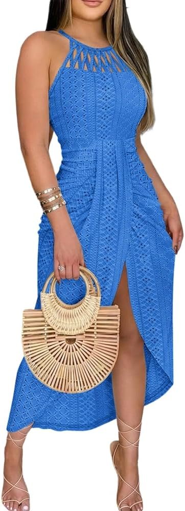 CHICME Womens Summer Halter Ruched Bodycon Long Dresses | Eyelet Embroidery, Comfortable Lightweight Fabric, Criss Cross Tied, Hollow Out A Line, Side Slit, Vacation Wedding Wear