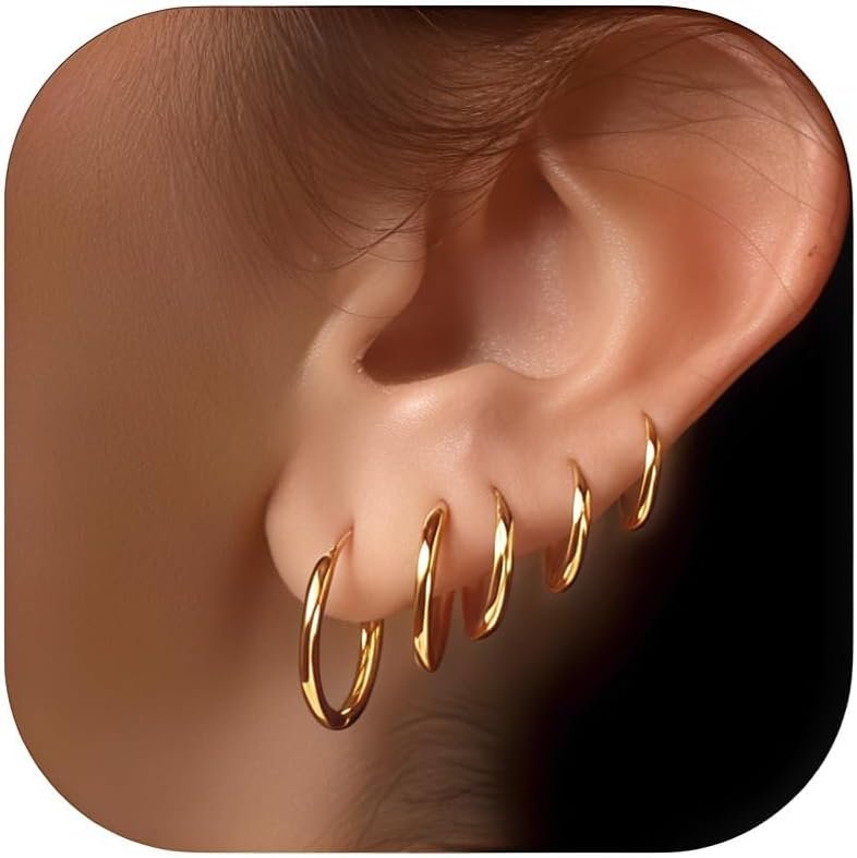 Small Gold Huggie Hoop Earrings Set for Women Stackable | Non Tarnish, Nickel Free for Sensitive Ears, Lightweight for Comfortable Everyday Wear, Multi-Pair Set