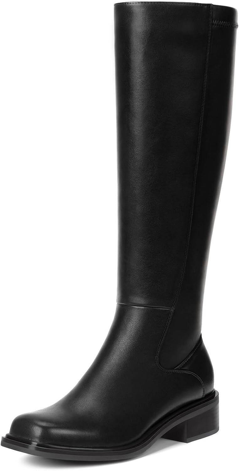 Knee High Boots for Women – Low Heel Square Toe Tall Boots with Side Zipper, Comfortable Long Flat Boots for All-day Wear Spring Fall