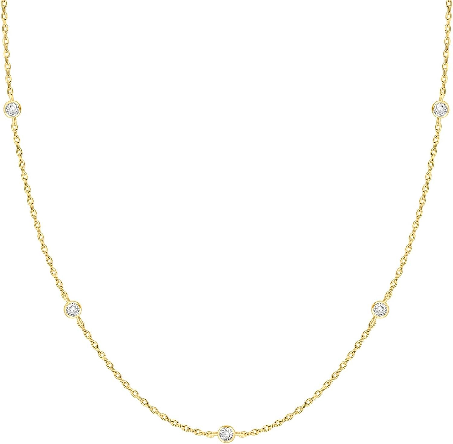 PAVOI 14K Gold Plated Station Necklace – Simulated Diamond Layering Necklaces – Womens CZ Chain