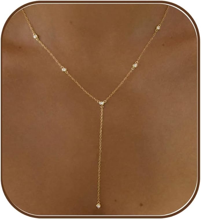 Gold Necklace for Women, Dainty Long Necklace 14k Gold Plated Lariat Long Necklaces for Women Trendy Simple Statement Drop Necklace Fashion Body Chain Prom Jewelry Gold Accessories