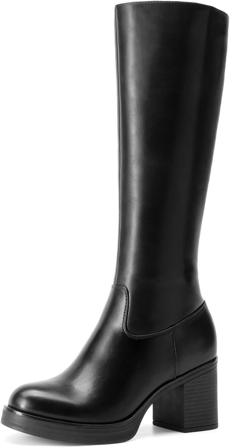 DREAM PAIRS Womens Knee High Round Toe Platform Boots | 2.76″ Block Heel, 5mm Cushioned Insole, Side Zipper, Elastic Panel, Versatile for Everyday Wear