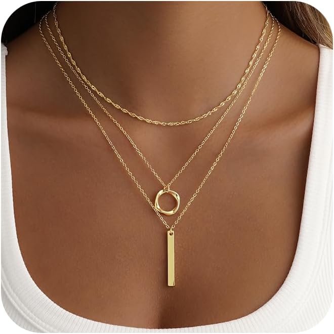 Layered Gold Necklace for Women, 14K Gold Plated Necklace Stack Set, Dainty Pendant Necklace Non Tarnish, Fashion Bow CZ Circle Star Hammered Cross Jewelry Gift for Women