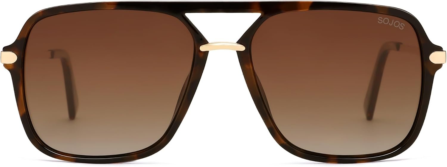 SOJOS Aviator Sunglasses for Women & Men, Square, Polarized Lens, SJ2229 | Designer, Trendy, Double Bridge Pilot Sun Glasses, UV400, 90s Retro Shades