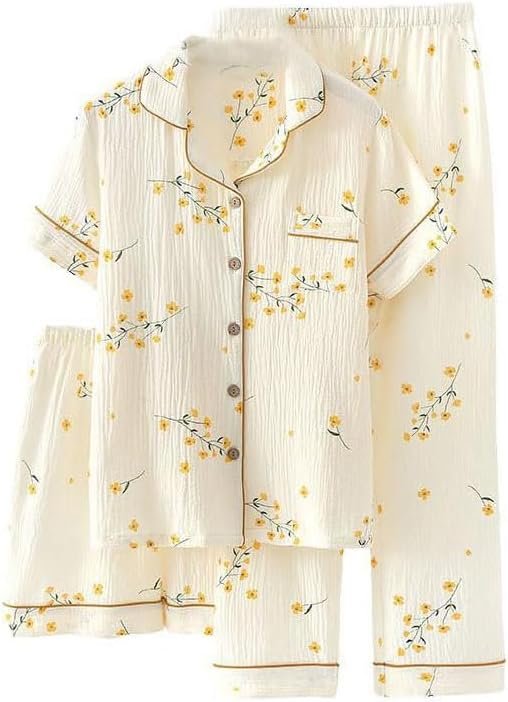 codcm Womens 3pcs Cotton Pajamas Set Short Sleeve Sleepwear Fruit Print Cute Pj Set with Long Pants