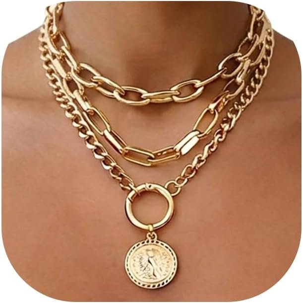 iF YOU Vintage Gold Layered Necklaces for Women Trendy, Chunky Cuban Link Paperclip Chains Necklace Stack, Coin Pendant Necklace Set Jewelry Gifts