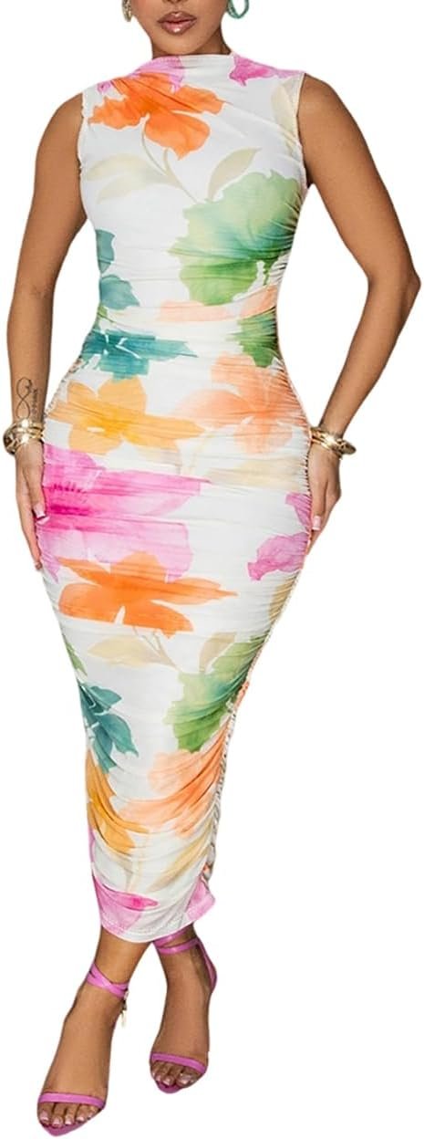 CHICME Womens Floral Mesh Summer Midi Dress | Lightweight Stretchy Fabric, Mock Neck Ruched Bodycon Fit, Elegant Sleeveless Dress for Cocktail Vacation Wedding Guest Date