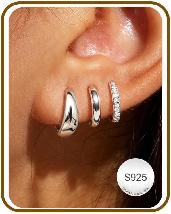 Jewelry for Her Gift 3 Pairs 925 Sterling Silver Earrings for Women Non Tarnish 14K Gold Plated Small Hypoallergenic Huggie Hoops Cartilage Stack Earring Sets for Multiple Piercing