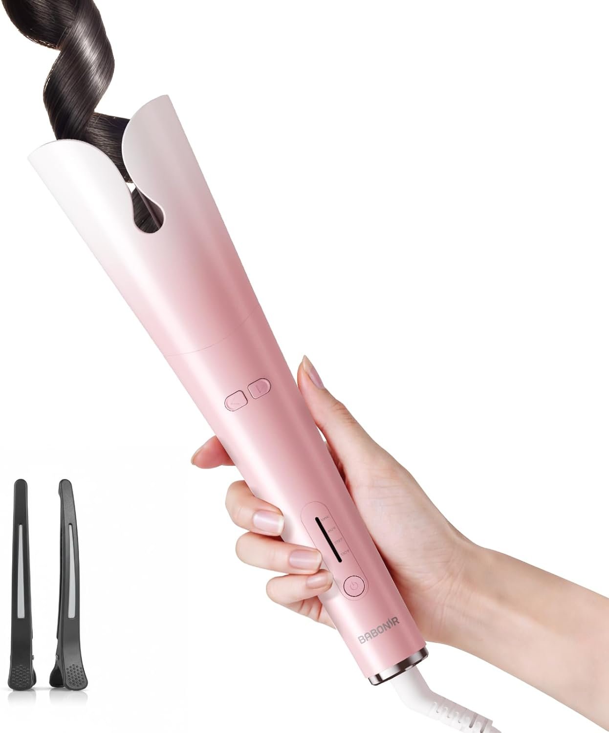 Automatic Curling Iron with 500 Million Ionic, BABONIR 1.25” Ceramic Rotating Curling Wand with 3 Heat & 2-Way Rotation, Anti-Scald Lightweight Hair Curler, Dual Voltage for Travel, Pink