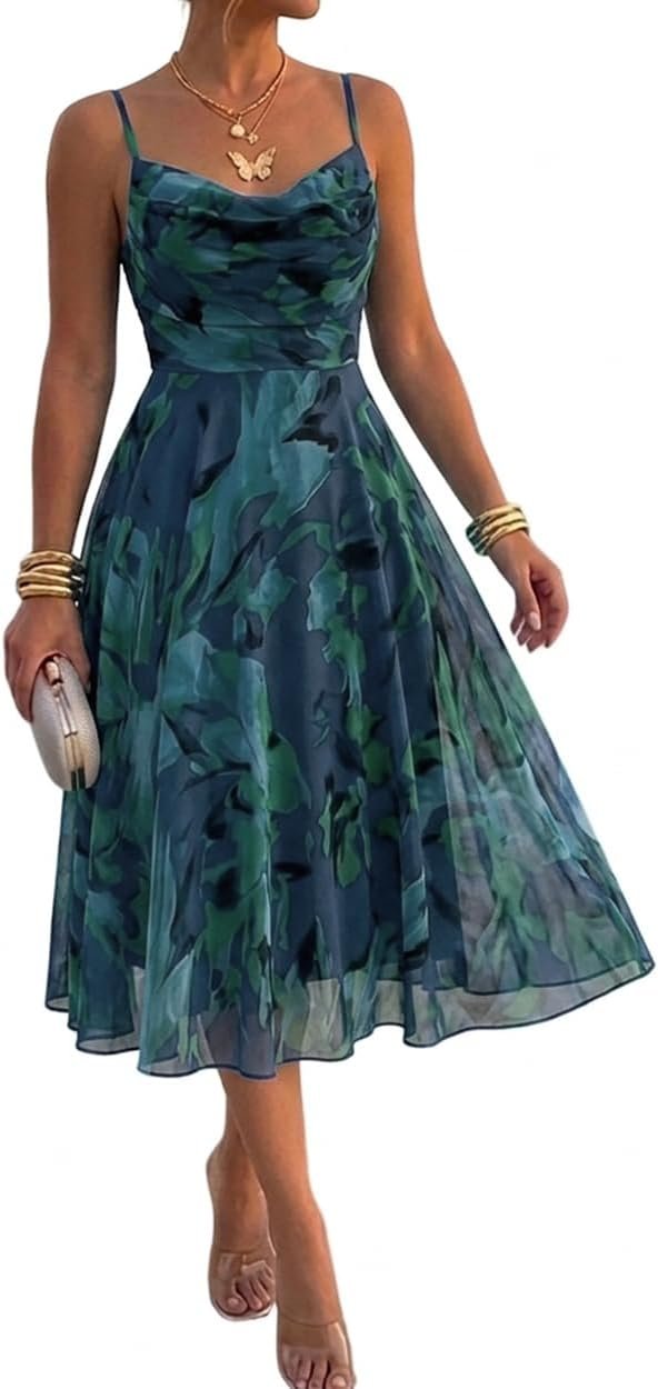 CHICME Women’s Floral Mesh Midi Dress for Summer Cocktail | Lightweight Flowy Fabric, Floral Sheer Mesh, Cowl Neck Adjustable Strap A Line Dress for Wedding Guest Date Party Vacation