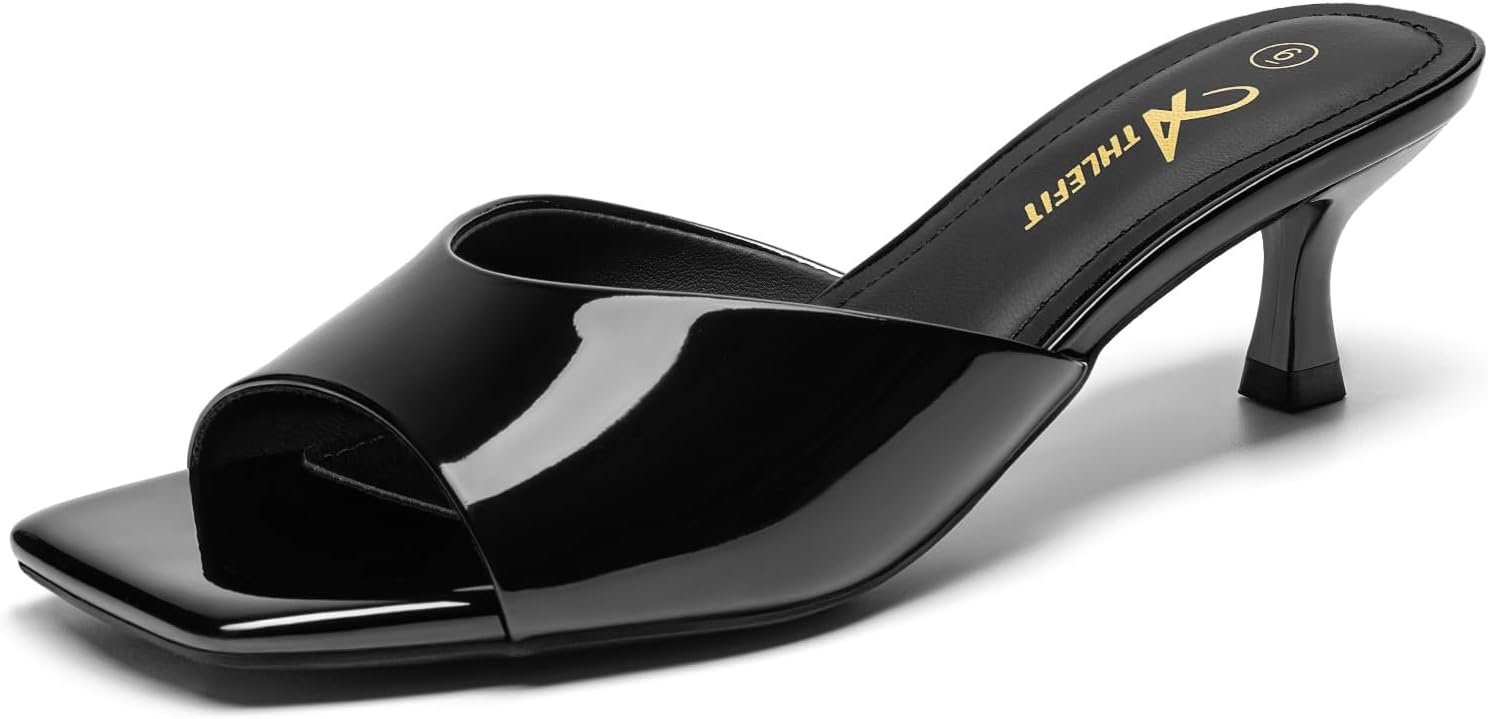 Athlefit Kitten Heels for Women Heeled Sandals Square Open Toe Low Heels Comfortable Slip On Slides