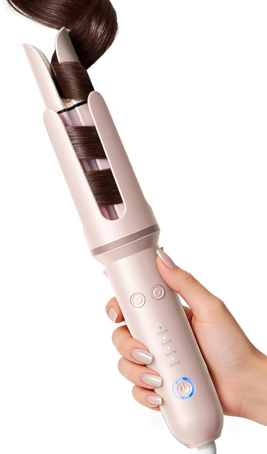Automatic Curling Iron, 4 Temp, 1.25″ Rotating Curling Wand for Beach Waves &Loose Curls, Ionic Ceramic Barrel, Anti-Scald&Tangle, Dual Voltage, Pink