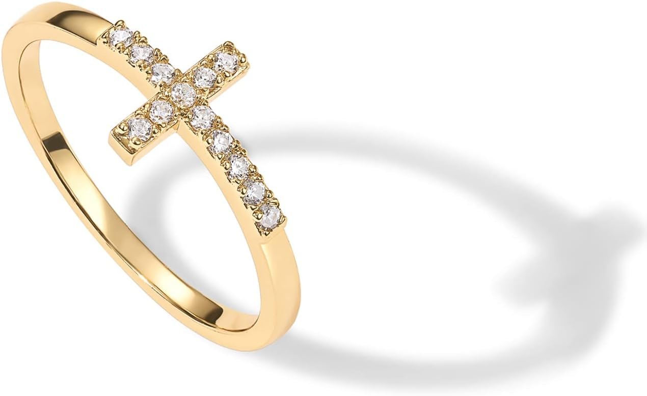 PAVOI 14K Gold Plated Cross Religious Ring for Women, Cubic Zirconia Rings