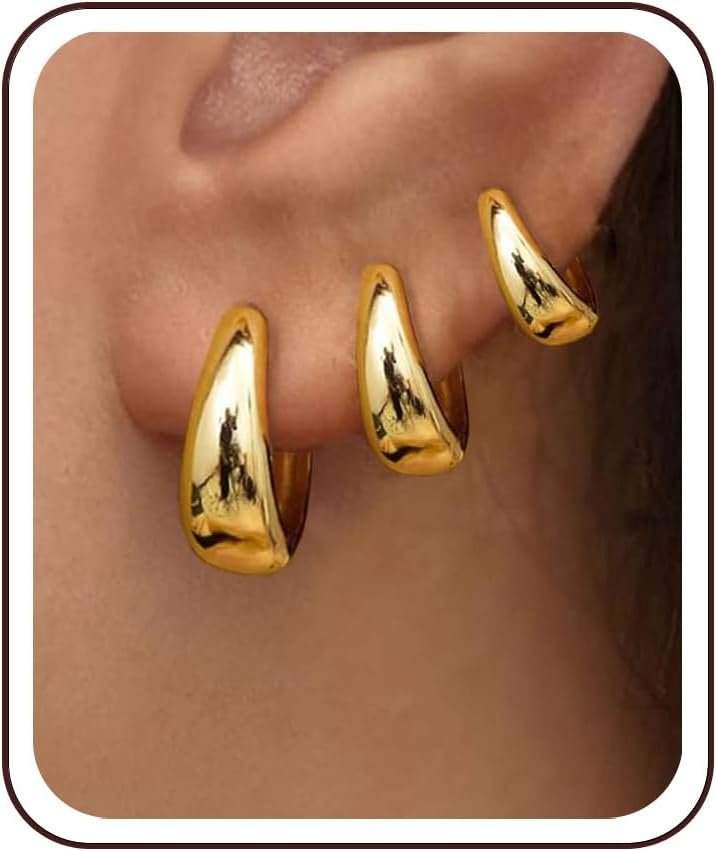 3 Pairs Gold Hoop Earrings Set for Women Trendy Chunky Small Huggie Jewelry | Hypoallergenic Silver Post Earrings for Sensitive Ears Non Tarnish, Stacks for Multiple Piercings, Gifts for Women