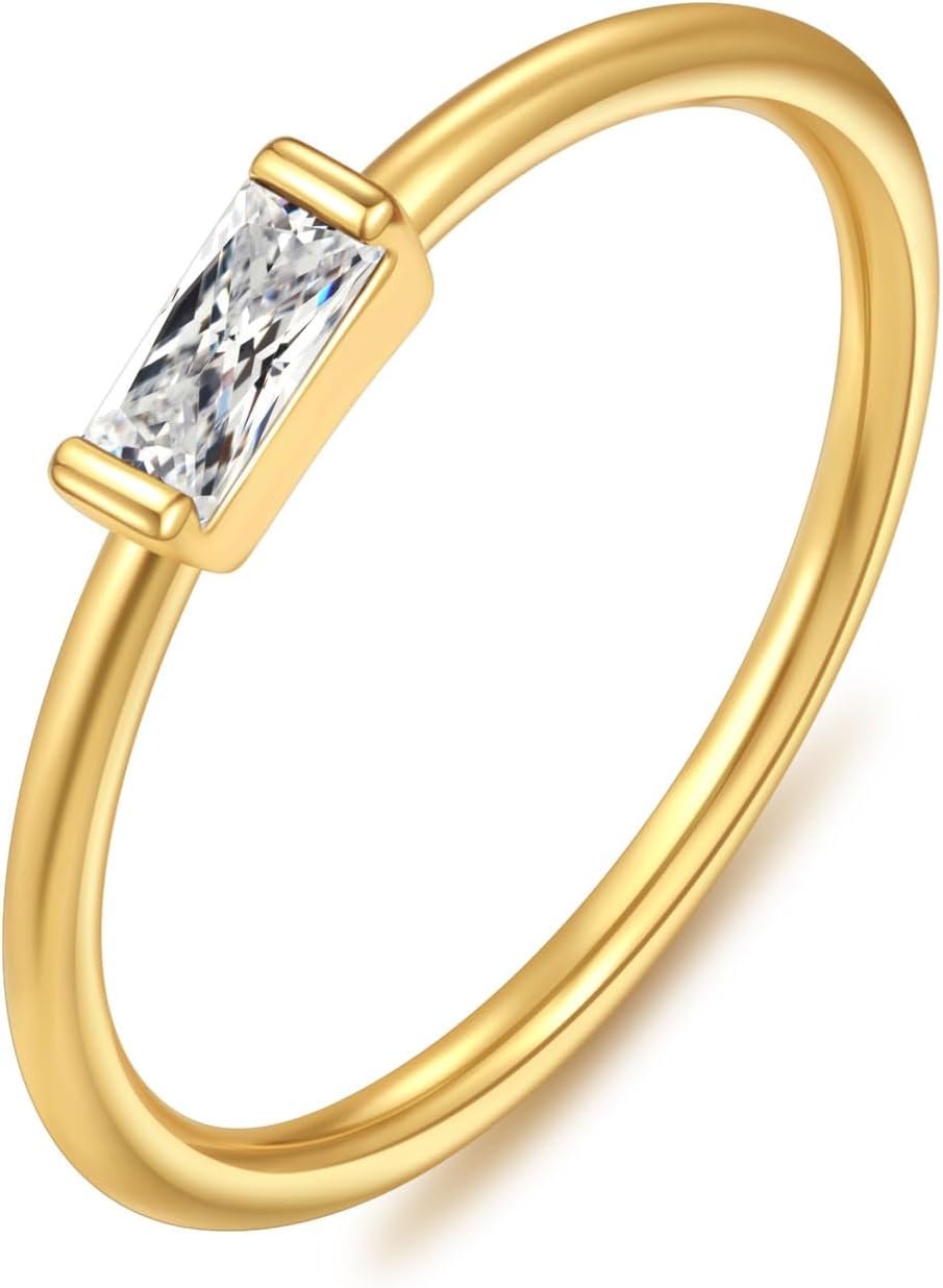 KOHOTA Gold Silver Birthstone Rings for Women Non Tarnish Dainty Rings | Engagement Wedding Promise Rings, Baguette Emerald Green CZ Gemstone Ring, Birthday Jewelry Gifts Size 6-10