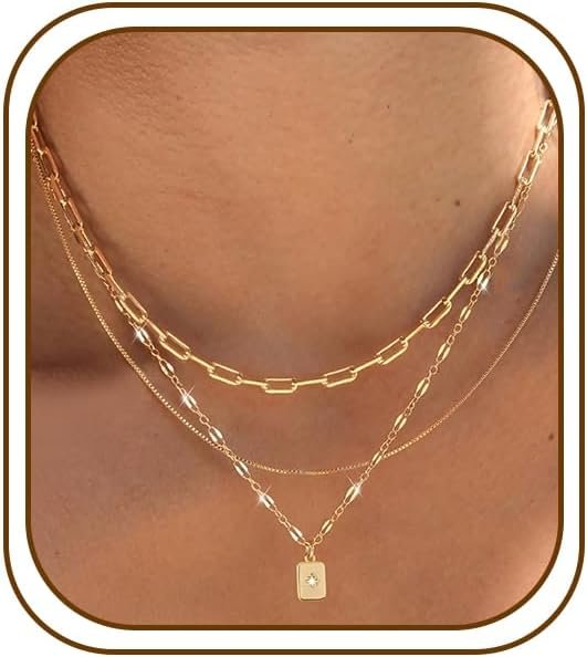 YEEZII Layered Gold Necklaces for Women Trendy, 3 Pcs 14K Gold Plated Choker Paperclip Box Chain Necklace, Stackable Women’s Gold Pendant Necklaces Jewelry Set