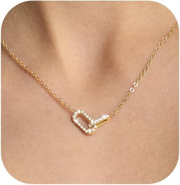 Wssxc Pendant Necklace 316L Stainless Steel Paperclip Choker with Diamond Accents, Open Oval Minimalist Gold Jewelry Gift for Women
