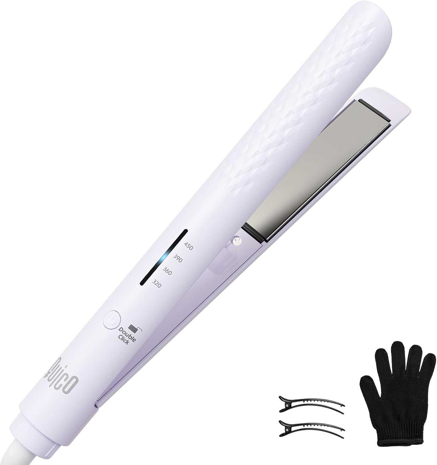 Quico Hair Straightener, 110-240V Global Travel Hair Straighteners for Women, 15s Fast Heating, Ceramic Negative Ion Flat Iron, Temp Memory, 320℉-450℉, Auto-Off, with Glove and Clips, Gift, Lilac
