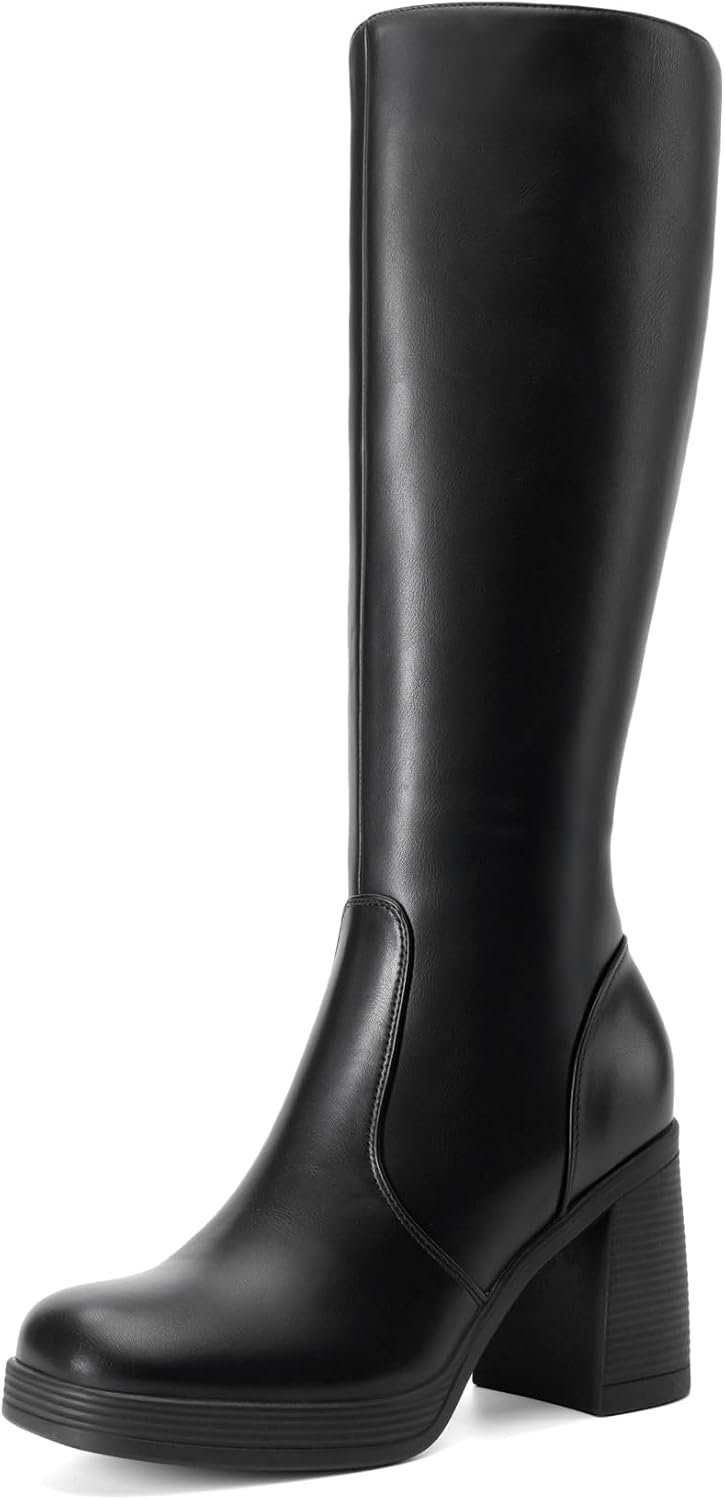 DREAM PAIRS Women’s Knee High Platform Heel Boots | Square Toe, 3.5” Chunky Block Heel and 0.97” Lightweight Platform, Side Zipper, 4mm Supportive Foam Insole, Easy Pull-on
