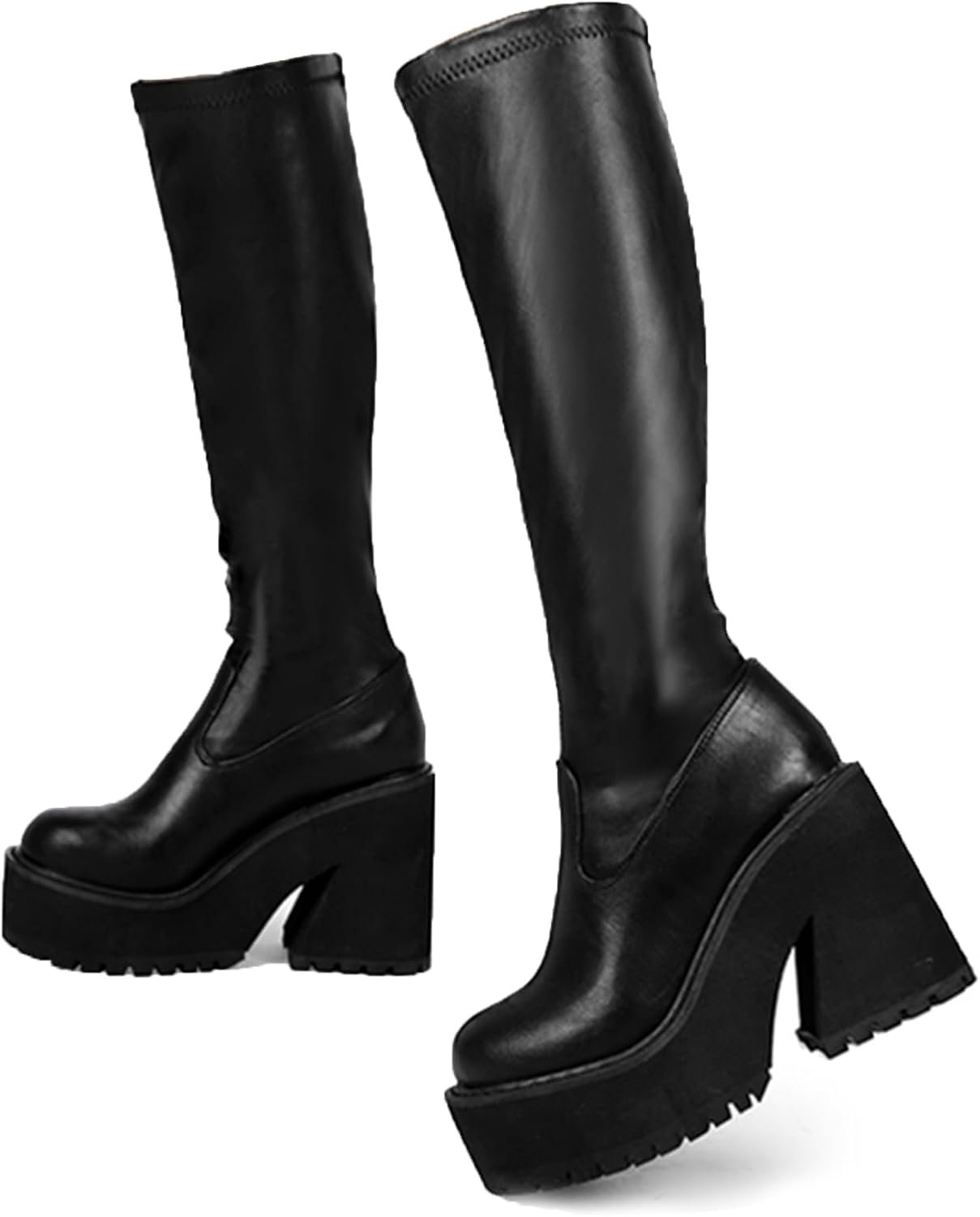 AMINUGAL Platform Knee High Boots Elastic Wedge Chunky Heel Tall Boots | Wedge Block High Heel Long Boots Sock Round Toe Festival Fashion Motorcycle Combat Goth Punk Rave Club Y2K Vintage Rock