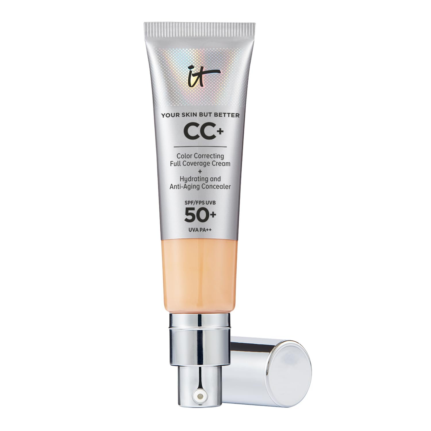IT Cosmetics CC+ Cream – Natural Full Coverage Foundation With SPF 50+, Color Corrector & Anti-Aging Hydrating Serum, Hyaluronic Acid + Peptides, Lightweight Up To 24H Wear, All Skin Types