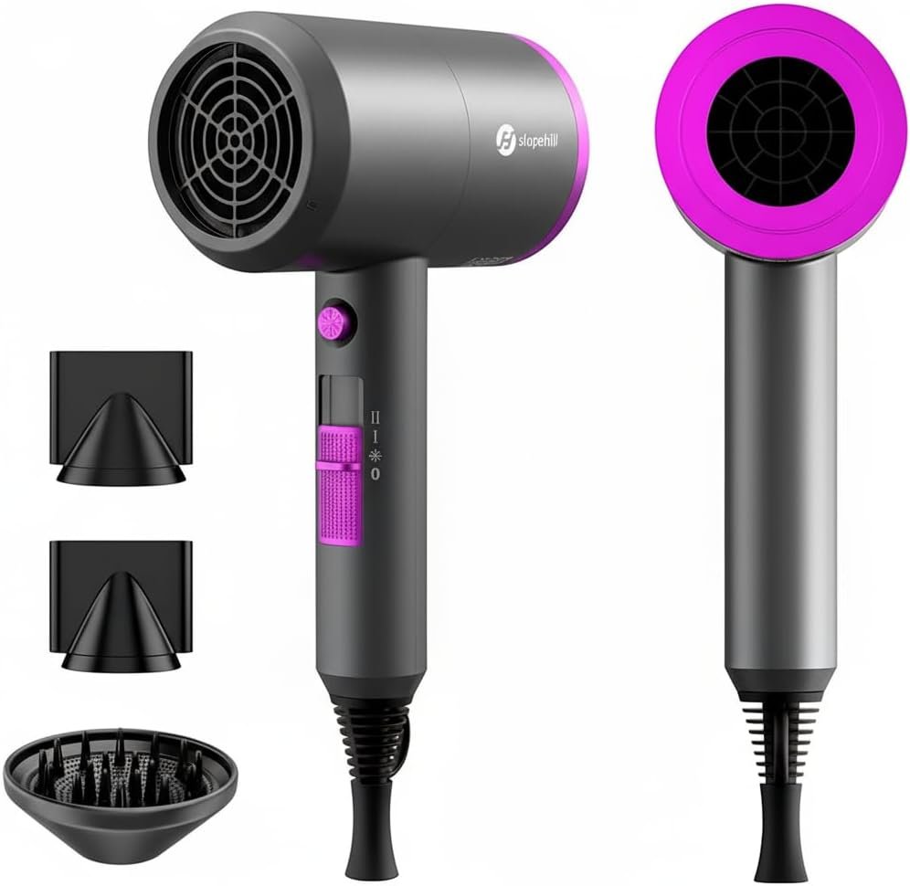 slopehill Professional Ionic Hair Dryer, Powerful 1800W Fast Drying Low Noise Blow Dryer with 2 Concentrator Nozzle 1 Diffuser Attachments for Home Salon Travel