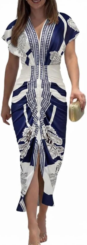 CHICME Summer Dresses for Women Plunge V Neck Ruched Midi Dress | Floral Print and Solid Casual Slit Bodycon Dress, Short Sleeve Stretch Fabric, Daily, Party, Vacation Wear