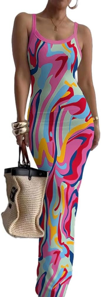 Nimsruc Sleeveless Strap Bodycon Maxi Dresses for Women Slim Sundresses | Basic sexy long summer dress,slim,floral and solid,soft material for summer beach,party,daily outing and home loungewear