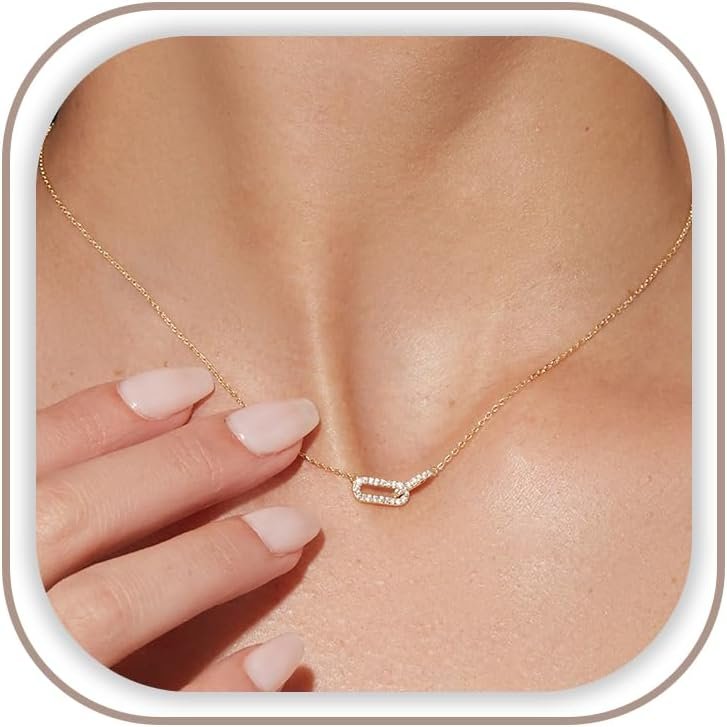 Freekiss Pendant Necklace for Women – Dainty 14K Plated Paperclip Choker | Hypoallergenic Diamond Necklace, Cute Open Oval Pendant Non Tarnish Waterproof Minimalist Chain Jewelry Gifts for Women