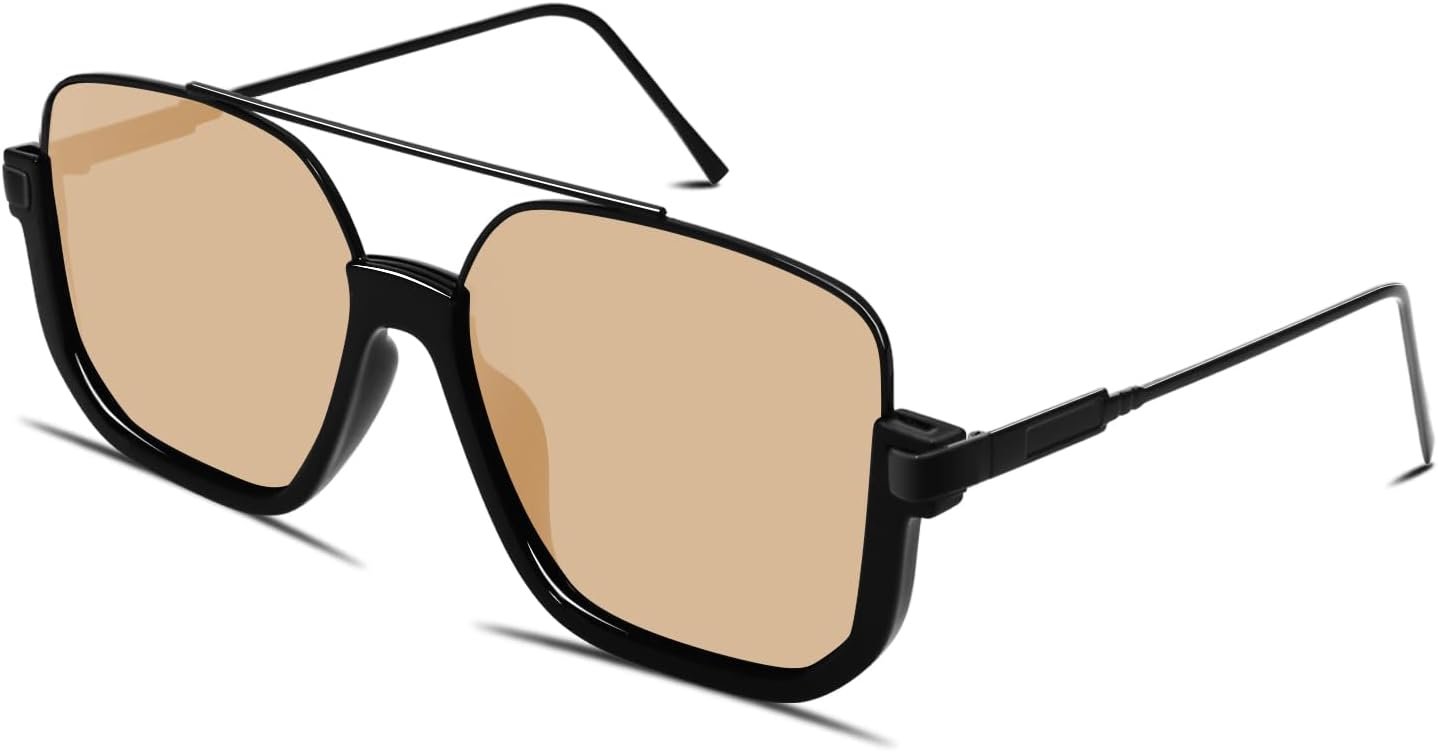 GUVIVI Retro Oversized Aviator Sunglasses for Women Men Square Double Bridge Pilot Sun Glasses 70s Trendy Shades