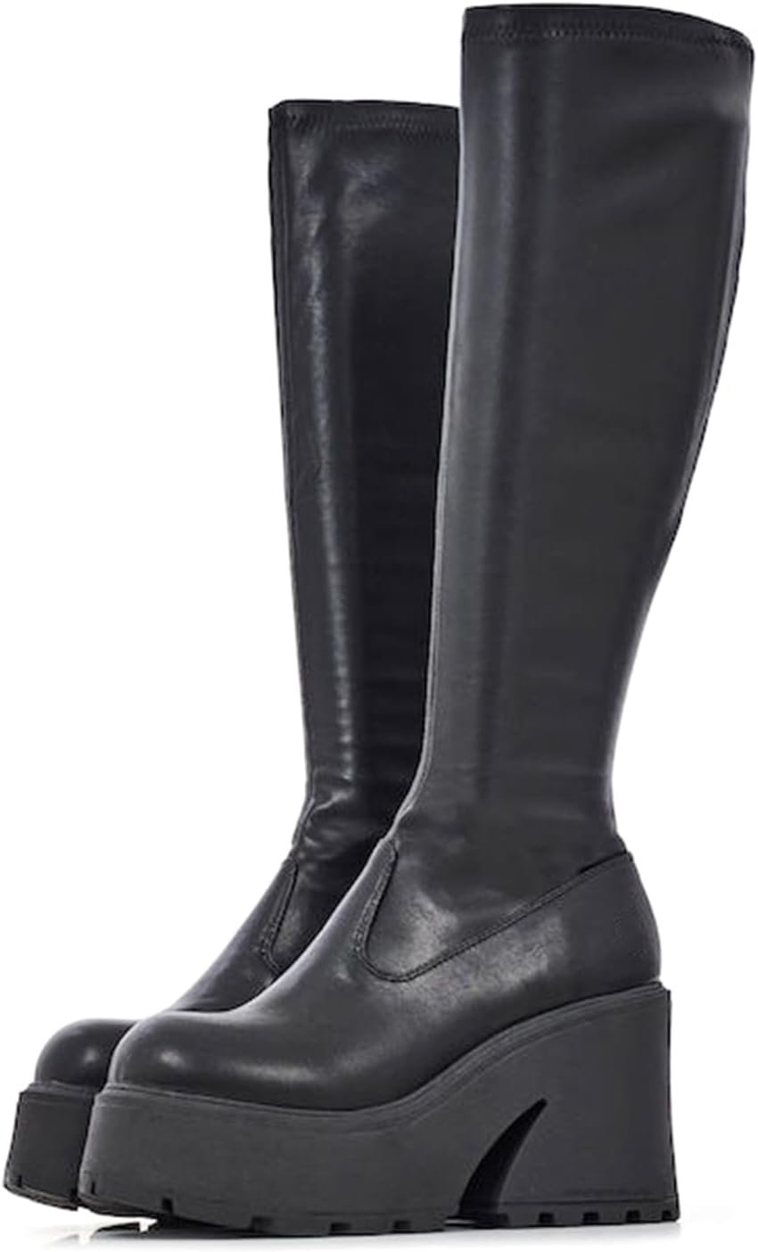 Knee High Boots Women Black Boots For Women Platform Chunky Heel Elastic Combat Boots Women Round Toe Fashion Motorcycle Punk Goth Boots