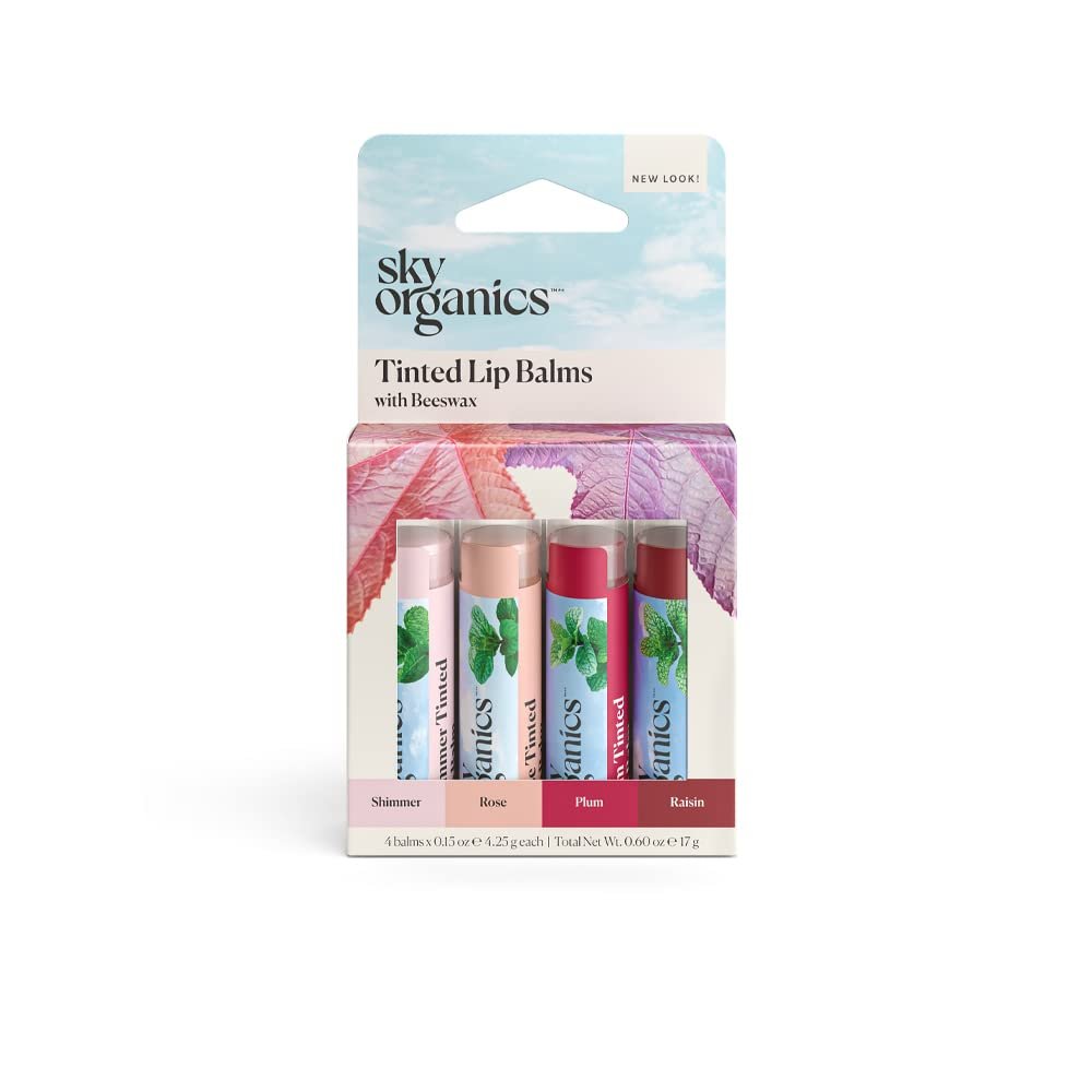 Sky Organics Tinted Beeswax Lip Balms, 4 Shades, Sheer Color & Shine | Rich Nourishing Blend of Plant Oils. Moisturizes, Soothes & Softens Chapped & Dry Lips. Locks in moisture. Cruelty Free.