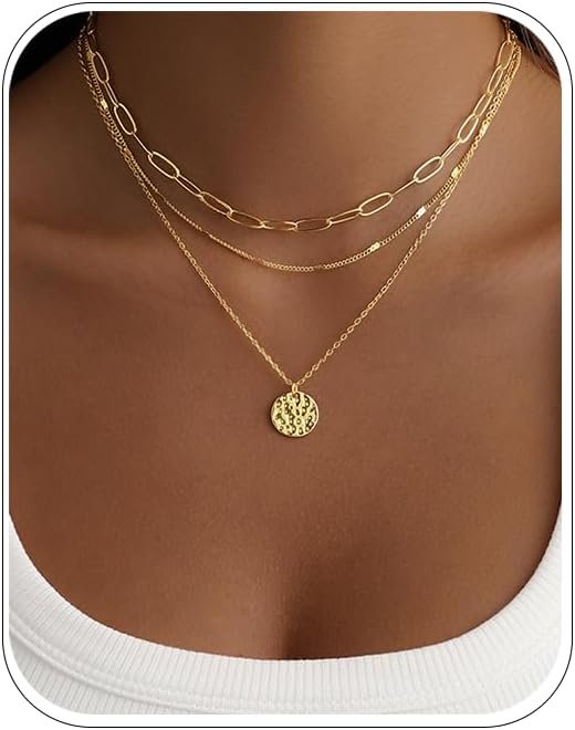 Layered Gold Necklace for Women, 14K Gold Plated Necklace Stack for Women, Dainty Adjustable Gold Necklace Set