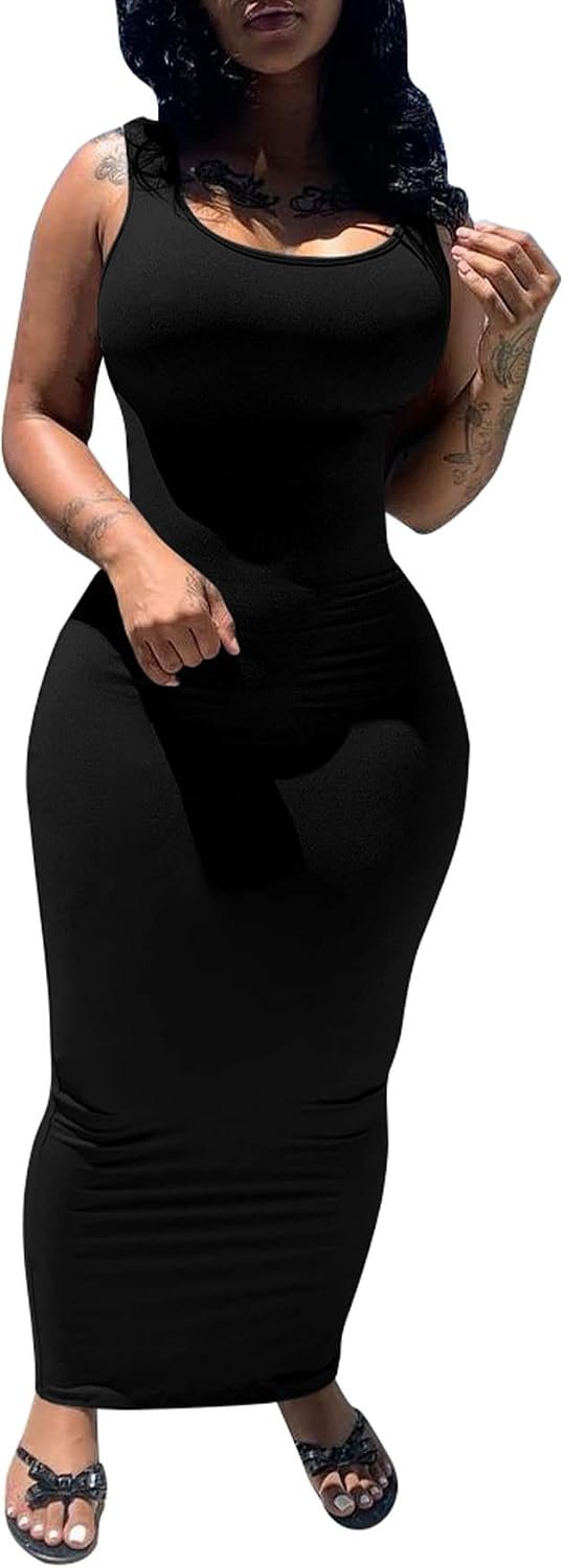 PINSV Women’s Sexy Bodycon Tank Dress Basic Sleeveless Long Maxi Dresses Party Club Beach Sundresses