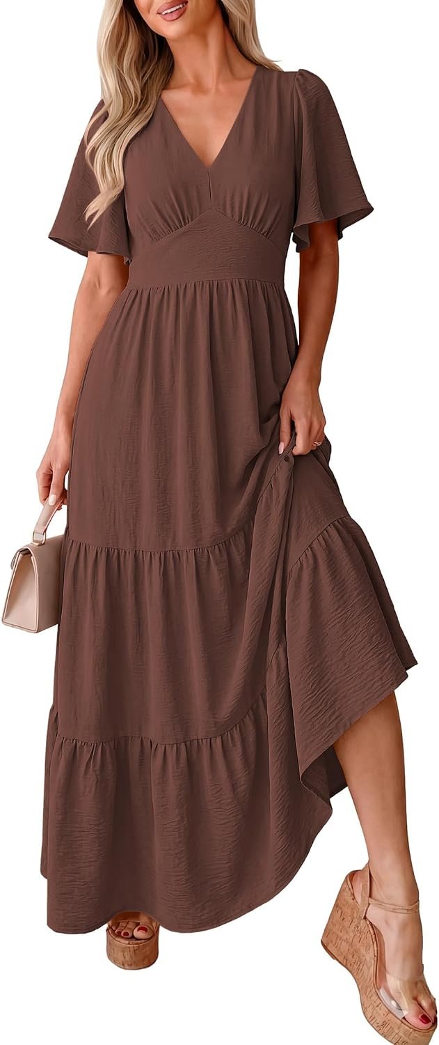 Caracilia Womens Summer Flutter Sleeve Maxi Dresses | Empire Waist V Neck Ruffle Tiered A-Line, Casual Flowy Floral Boho, Wedding Guest Party, 2026 Spring Long Dress with Pockets