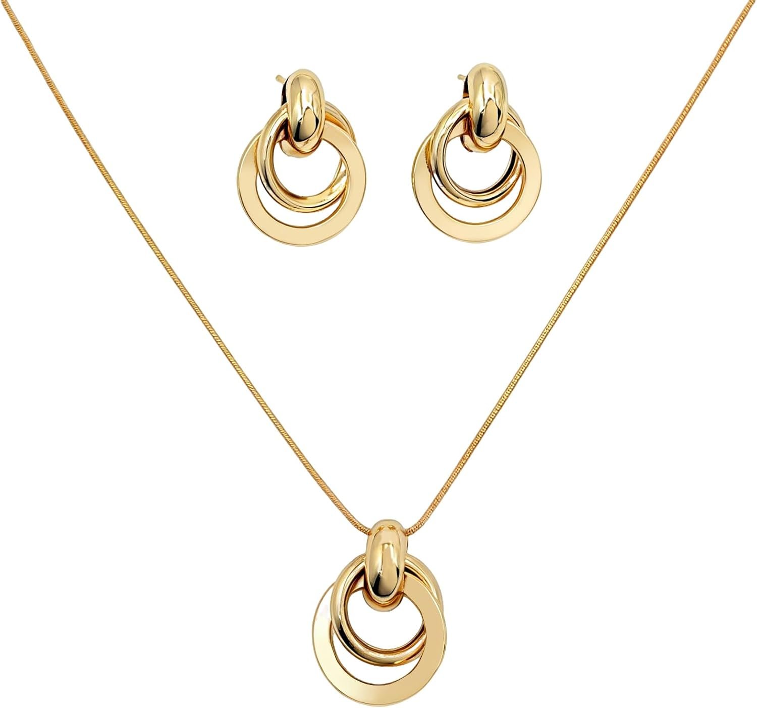 14K Gold Plated Knot Jewelry Set for Women, Stainless Steel Interlocked Ring Pendant Necklace & Drop Earrings Set, Minimalist Geometric Accessory for Gift & Daily Wear