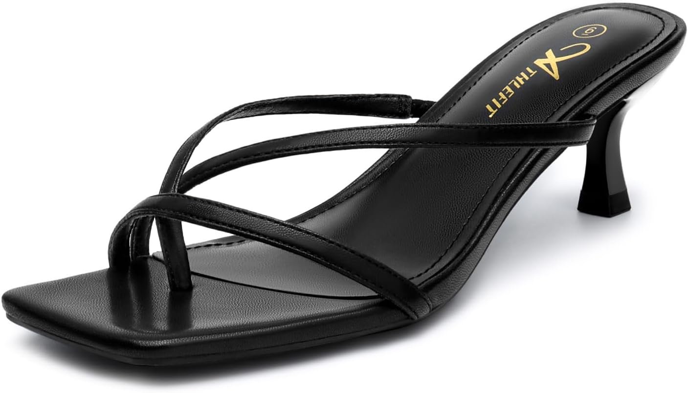 Athlefit Women’s Strappy Kitten Heels Fashion Flip Flop Thong Low Heels | 1.97-Inch Kitten Heels, Square Toe, PU/Suede/Stain/Raffia, Elastic Latex Insoles, Non-slip Outsole, Office, Party, Wedding
