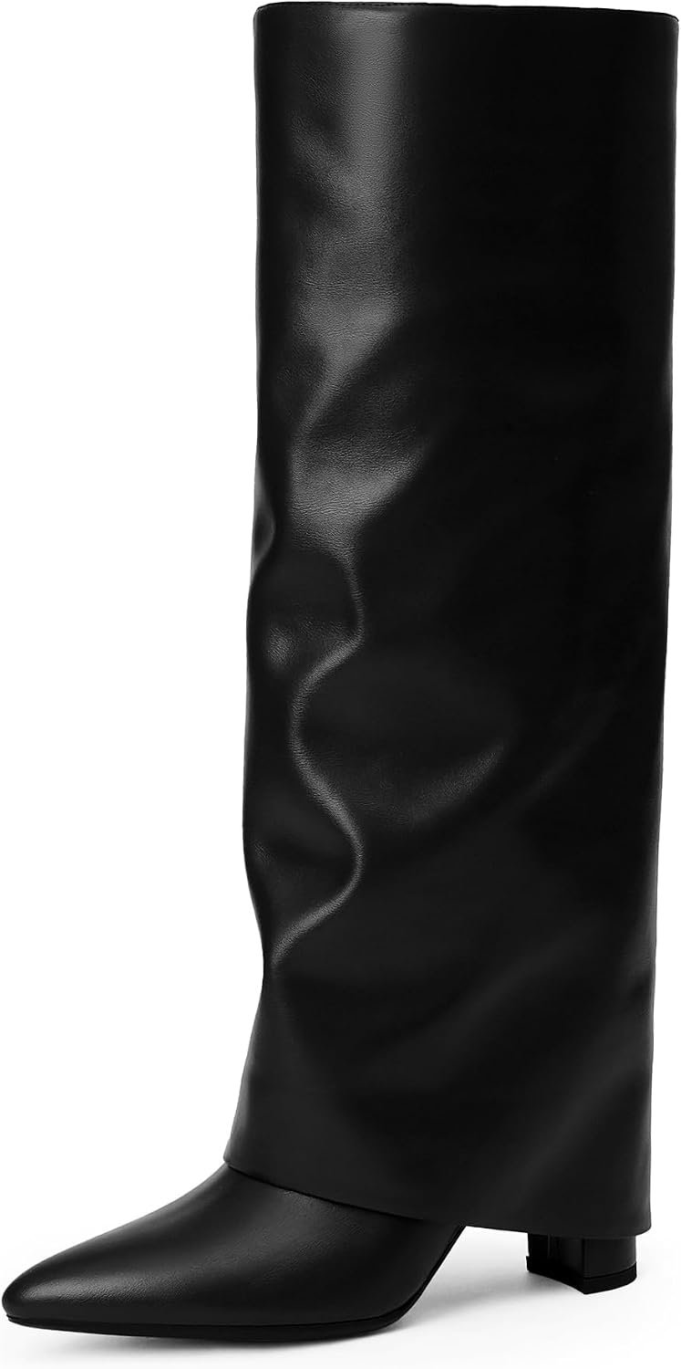 Knee High Boots Women Fold Over Boots Chunky Heel Pointed Toe Tall Boots | Fashion Slouchy Boots,Side Zipper Shark Boots,Fall Spring Winter Fashion Dress Tall Boots,Evening Bridal office Long Boots
